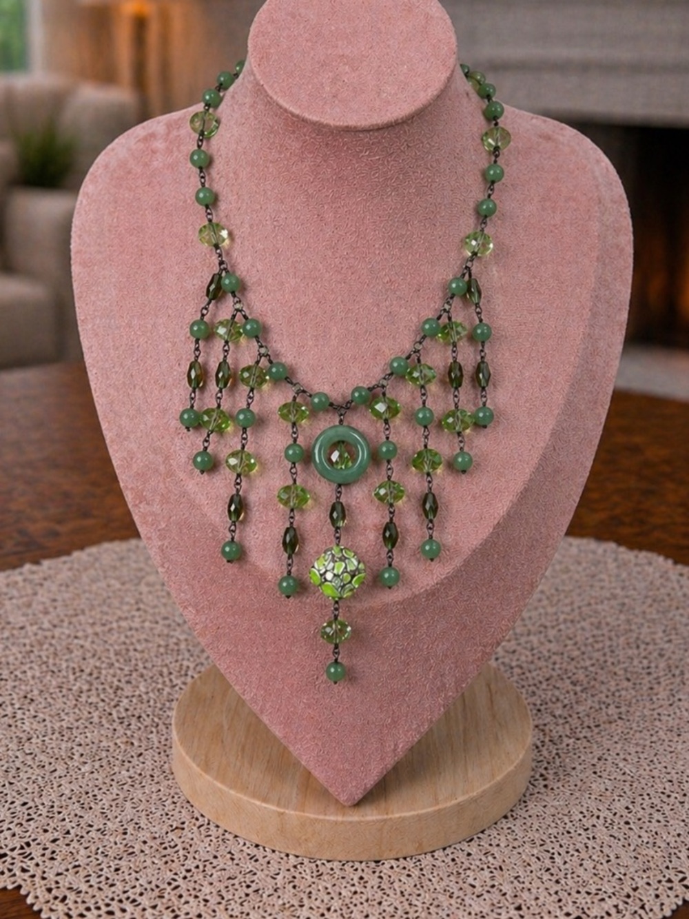 Vintage Gunmetal Uranium Crystal & Aventurine Variscite Pendant Necklace